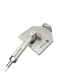 Silver metallic gym gear land mine core trainer plate with handle and adjustable attachment for home gyms