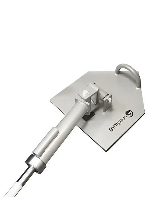 Silver metallic gym gear land mine core trainer plate with handle and adjustable attachment for home gyms