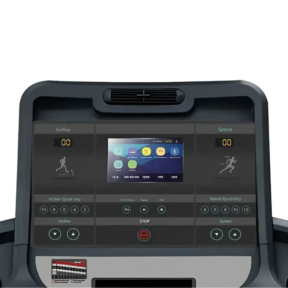 Black digital control panel of gym gear t95e treadmill with illuminated display and buttons for workout settings