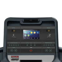 Black digital control panel of gym gear t95e treadmill with illuminated display and buttons for workout settings