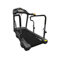 Gym Gear T95e treadmill in black and gray with digital display panel adjustable handrails and yellow accent buttons