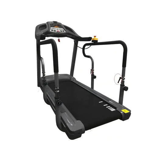 Gym Gear T95e treadmill in black and gray with digital display panel adjustable handrails and yellow accent buttons
