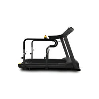 Gym Gear T95e treadmill in black with sleek modern design and yellow accents on console and side handles