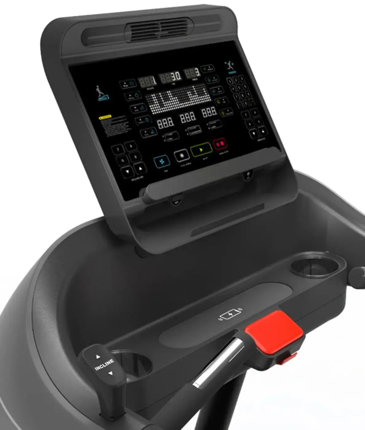 Black gym gear M7 elite series premium treadmill with digital display screen and red emergency stop button for home gyms