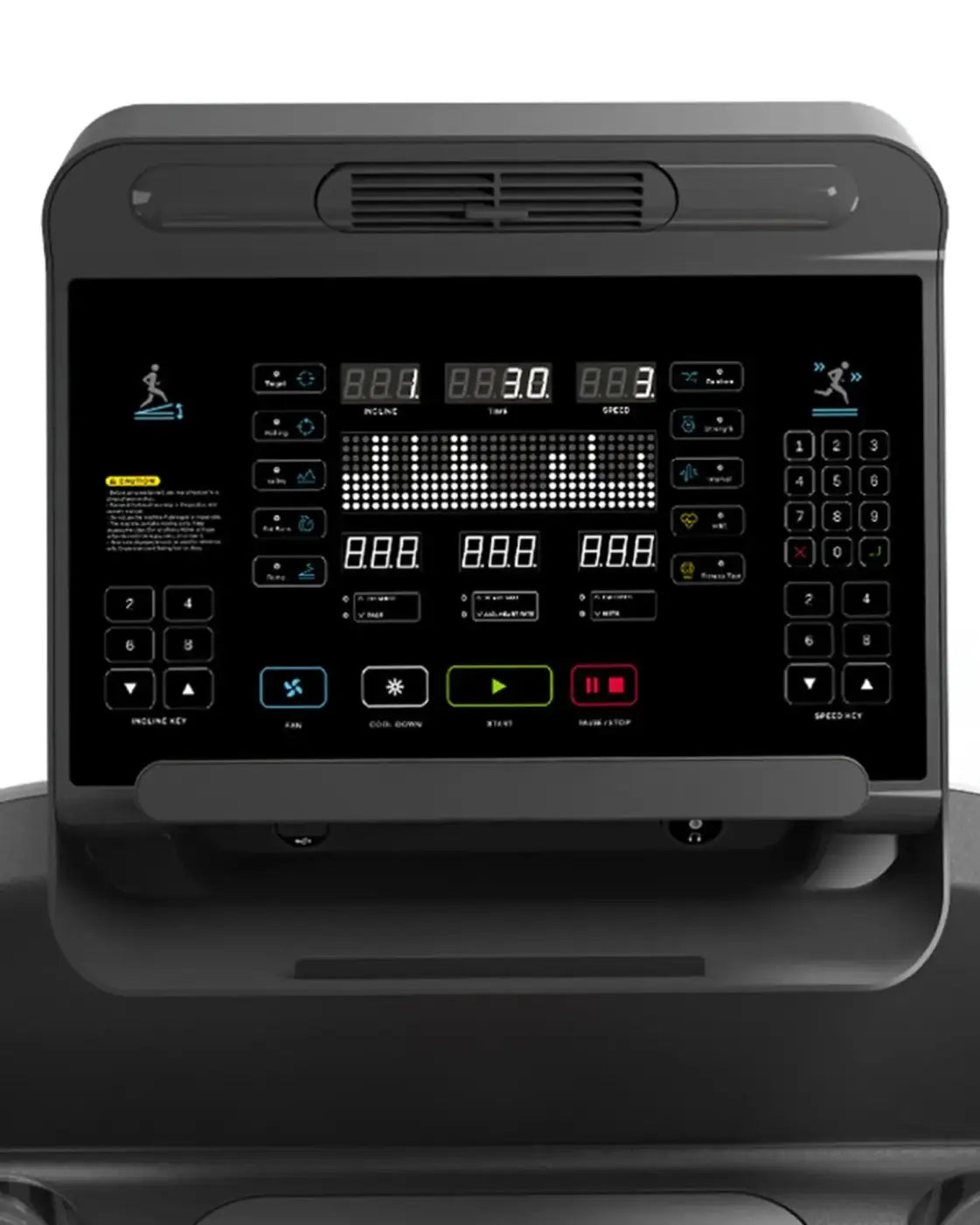 Black digital control panel of Gym Gear M7 Elite Series premium treadmill with illuminated buttons for home gyms