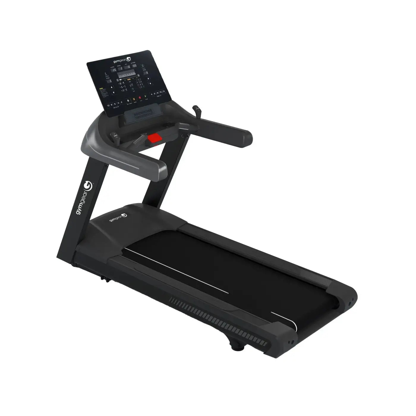 Black gymreax motorised treadmill with digital display and ergonomic handrails for home gym use in the UK