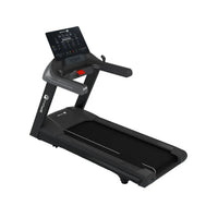 Black gymreax motorised treadmill with digital display and ergonomic handrails for home gym use in the UK