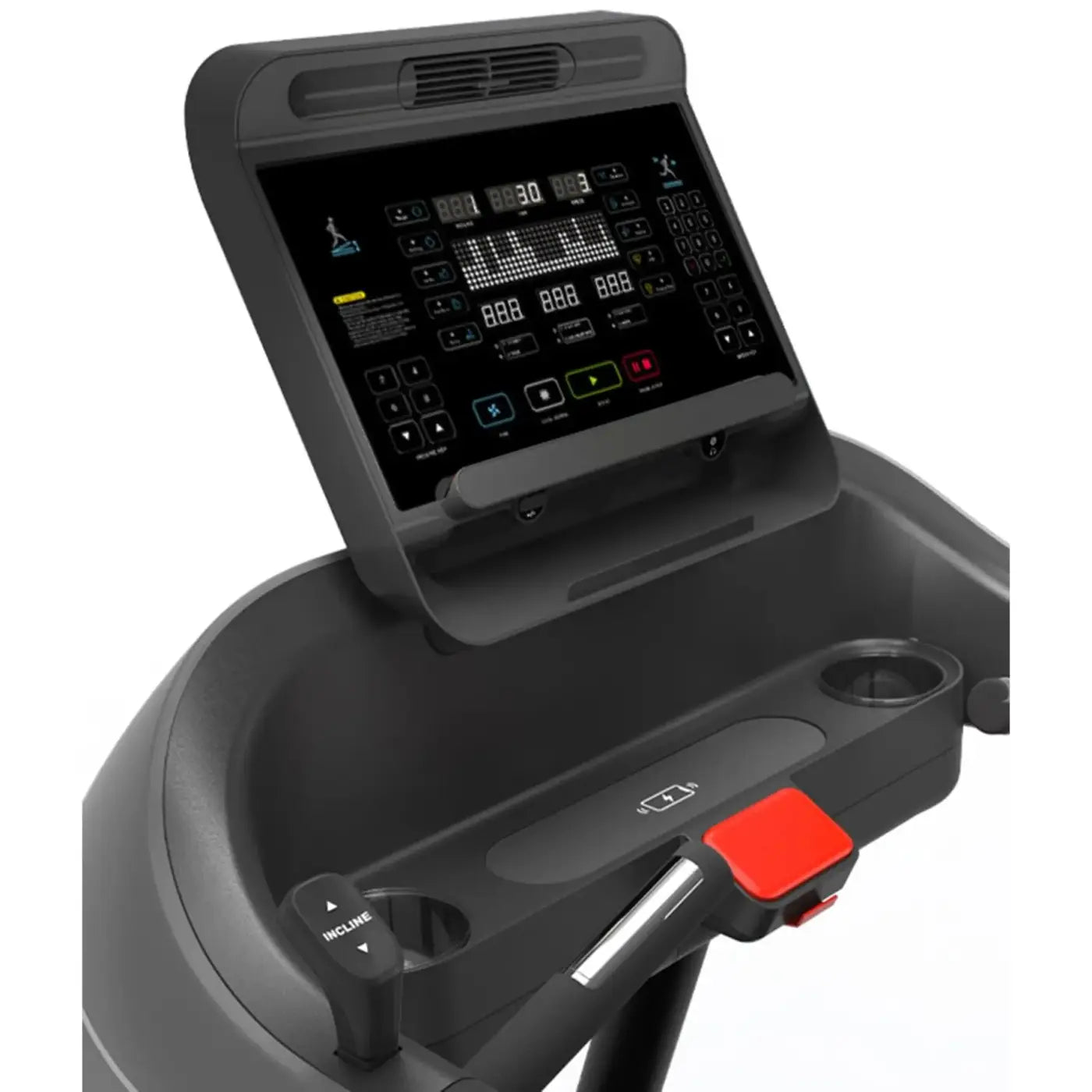 Black gym gear m8 motorised treadmill with digital display and red emergency stop button for home gym use uk