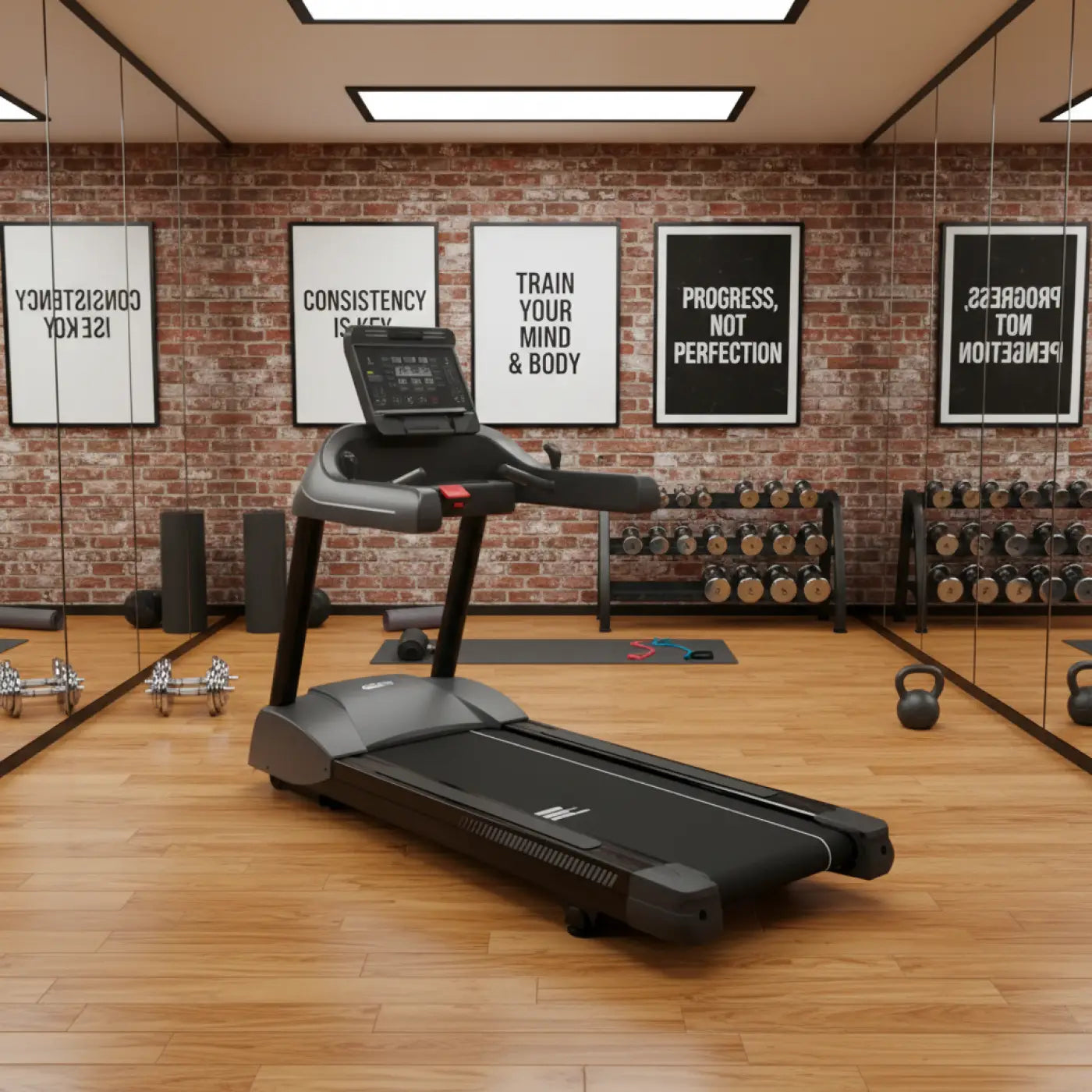 Black and gray Gym Gear M8 motorised treadmill with digital display panel for home gym use in the UK