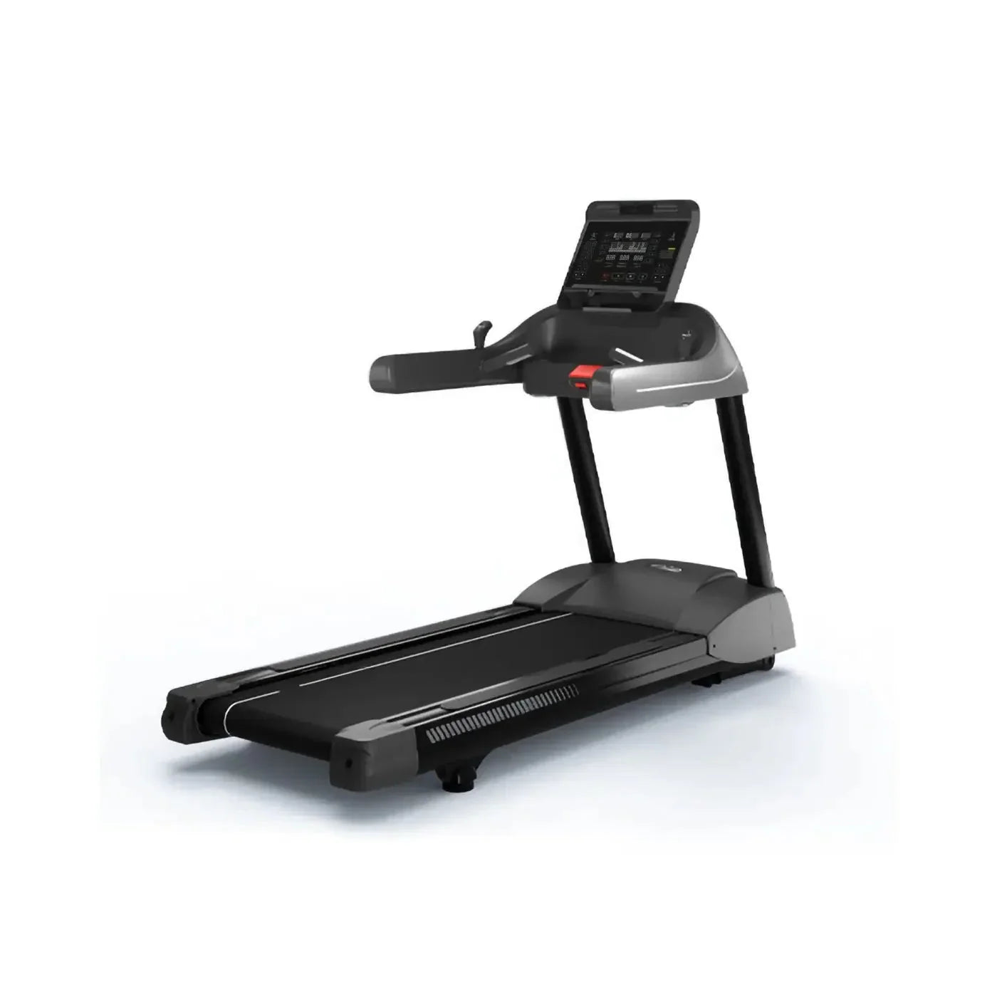 Black and gray Gym Gear M8 motorised treadmill with digital display screen for home gym use in the UK