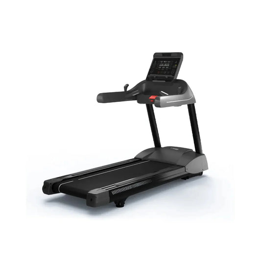 Black and gray Gym Gear M8 motorised treadmill with digital display screen for home gym use in the UK