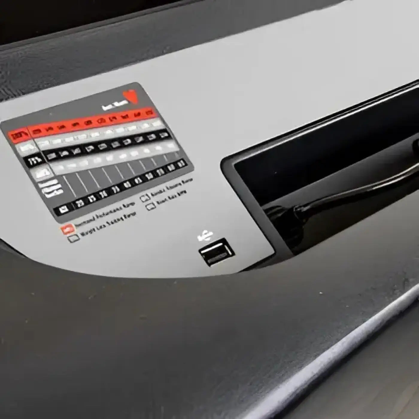 Gray and black gym gear m8e entertainment premium motorised treadmill control panel with red white and gray function buttons