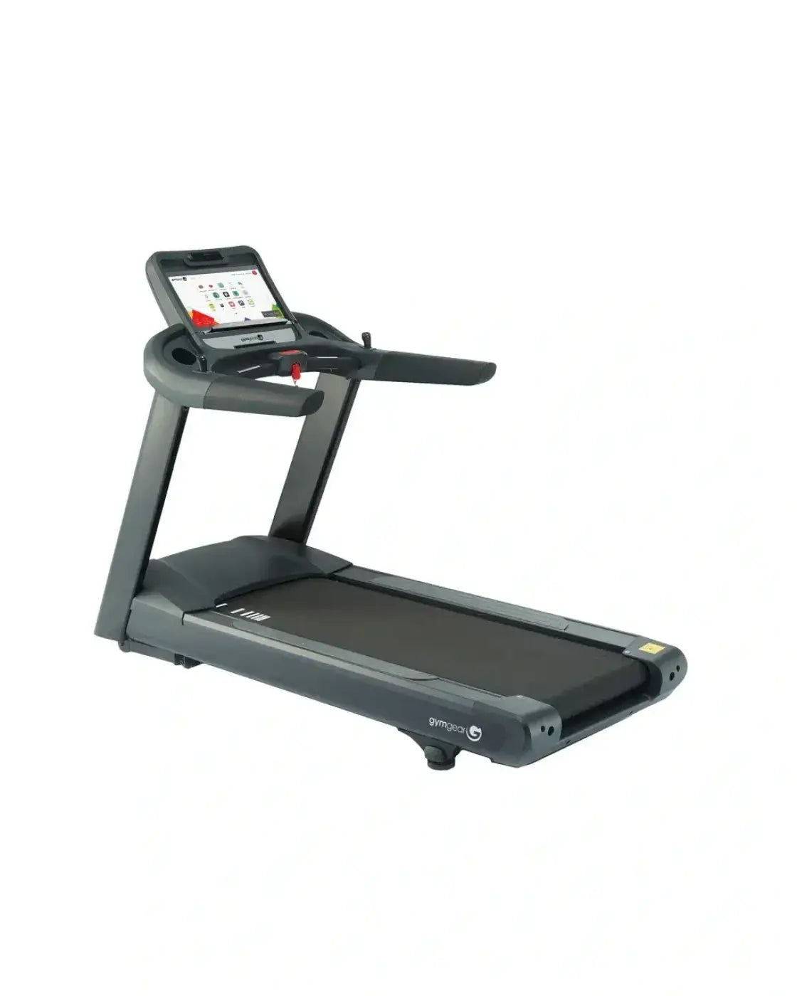 Black gym gear m8e entertainment premium motorised treadmill with digital display and handlebars for home gym uk use
