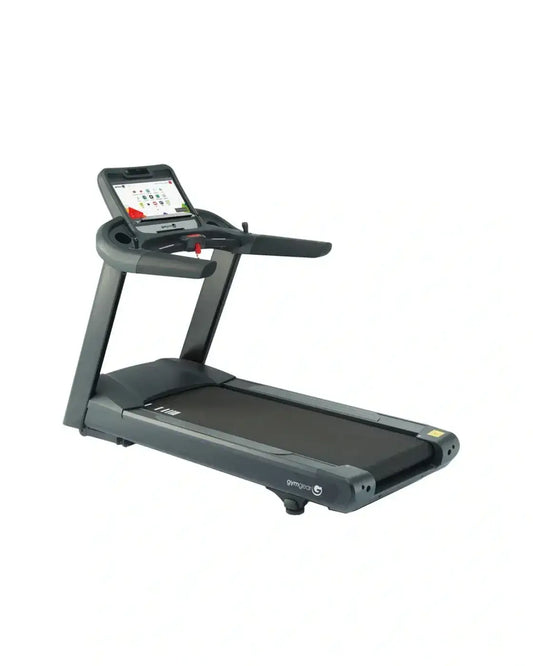 Black gym gear m8e entertainment premium motorised treadmill with digital display and handlebars for home gym uk use