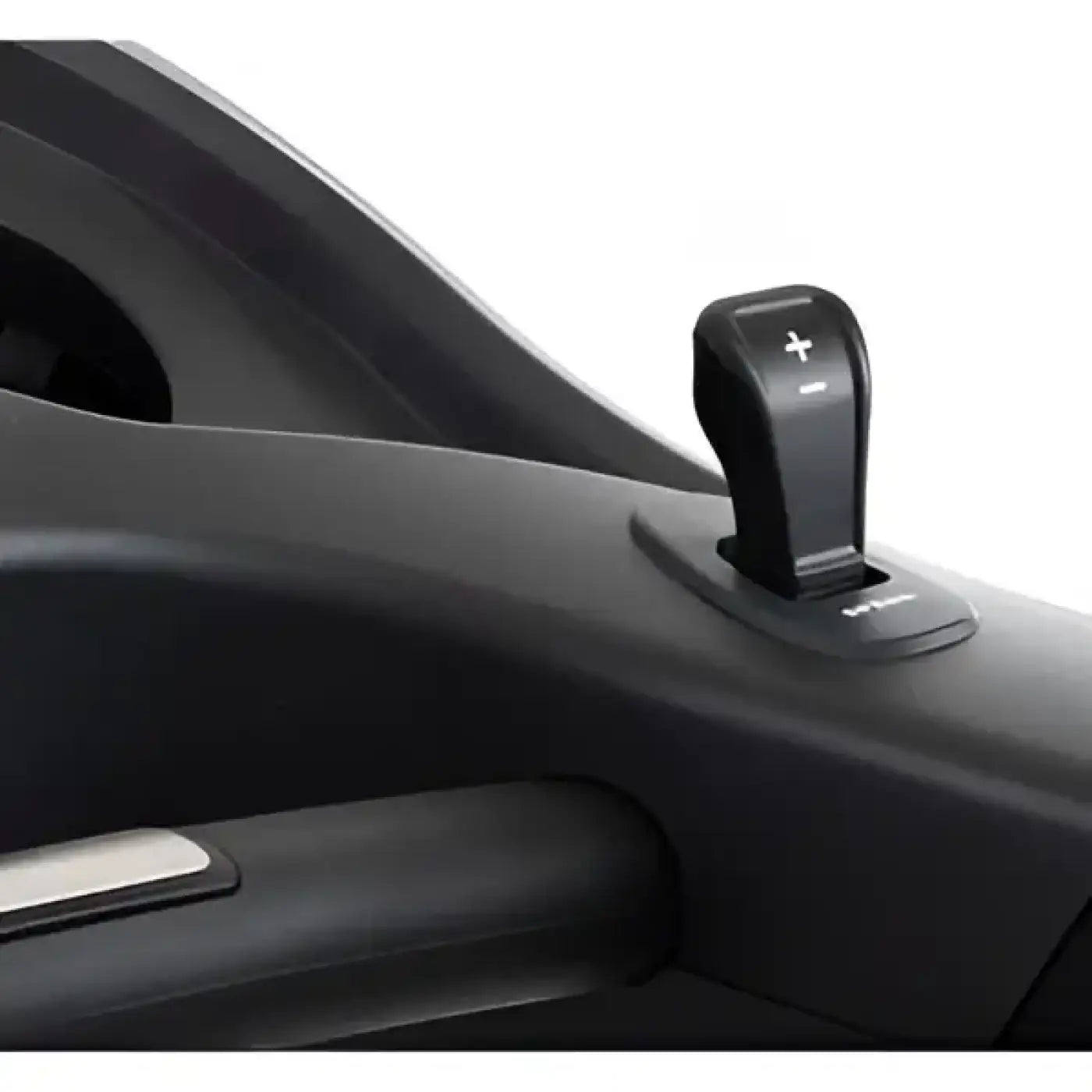 Black plastic volume control knob with plus and minus symbols on gym gear m8e entertainment premium motorised treadmill dashboard