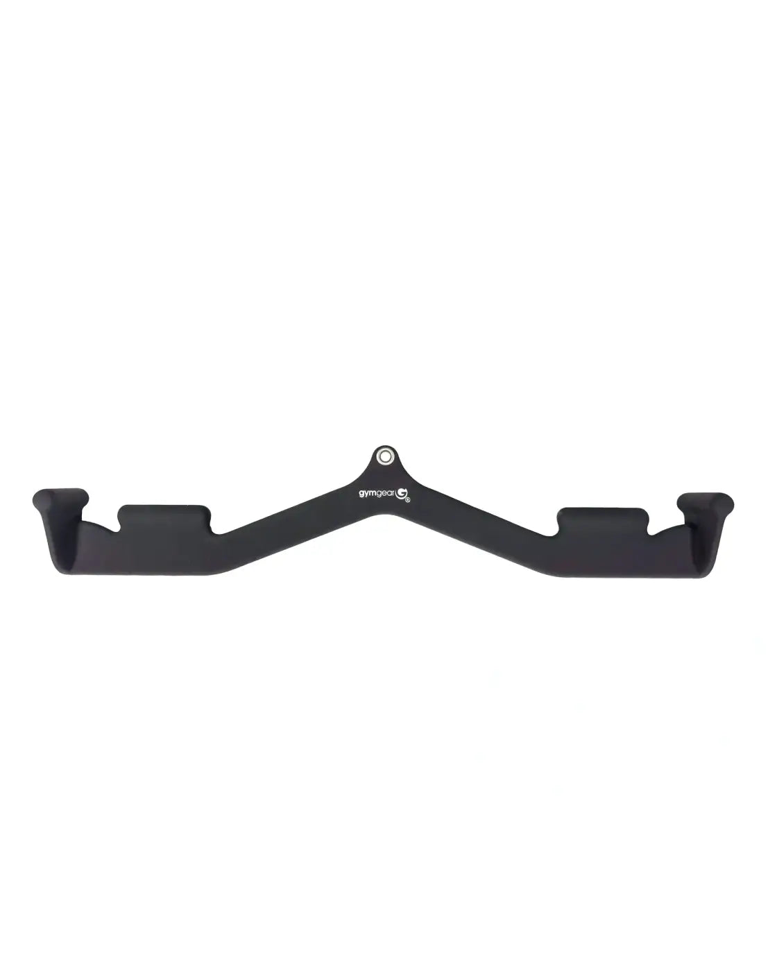 Black metal gym pull-down bar with central logo and two symmetrical handles from Gym Gear Max Grip set of 5 cable attachments