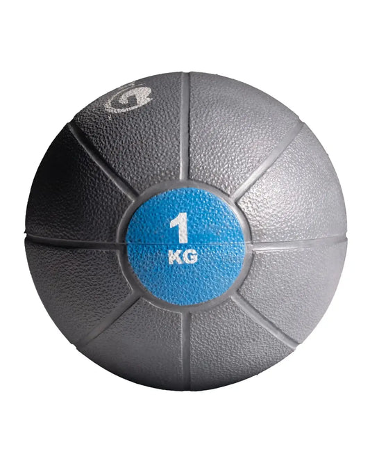 Gym gear medicine ball with gray textured surface blue 1 kg label ideal for home workout use