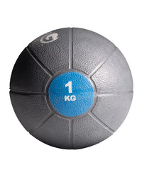 Gym gear medicine ball with gray textured surface blue 1 kg label ideal for home workout use