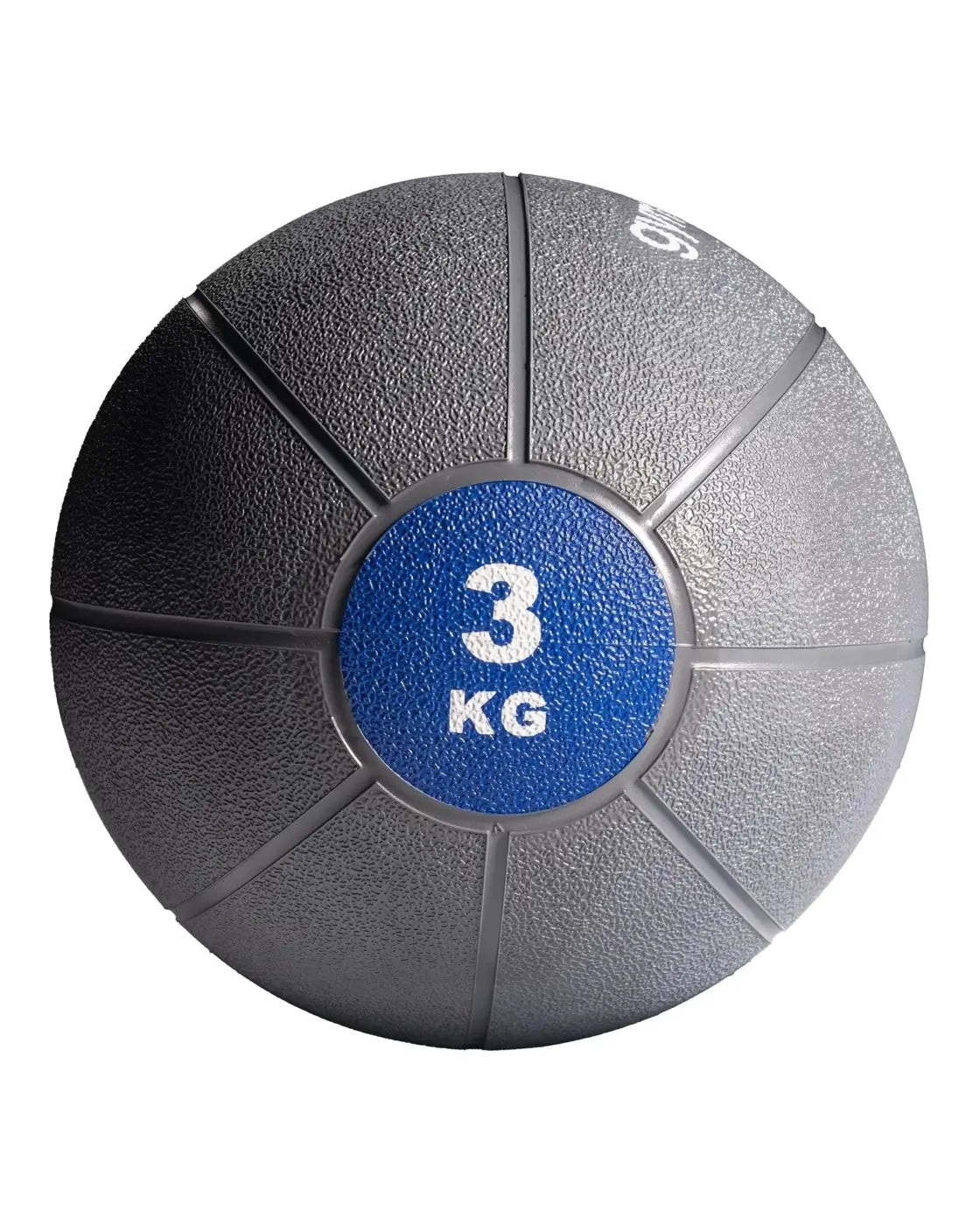 Gym gear medicine ball 3 kilogram gray and black textured with blue label for home workout use