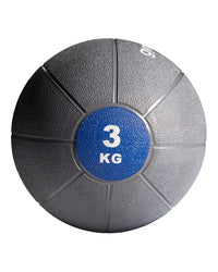 Gym gear medicine ball 3 kilogram gray and black textured with blue label for home workout use