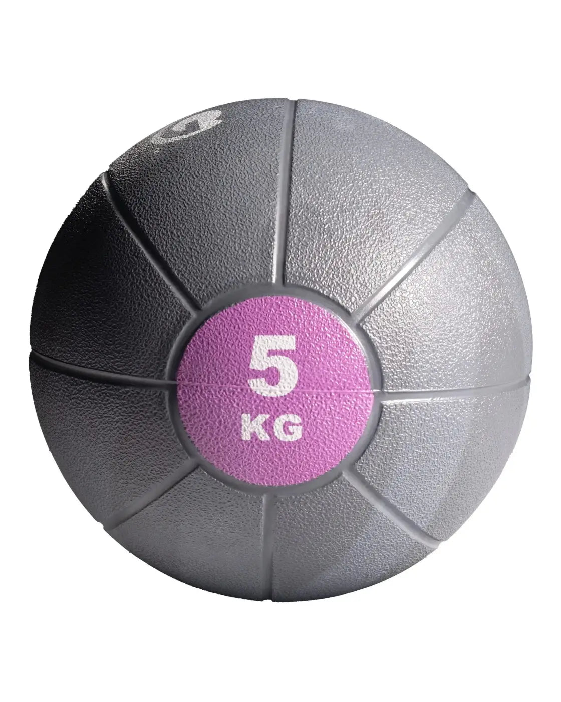 Gym gear medicine ball 5 kg gray textured surface with pink circular label designed for home workout