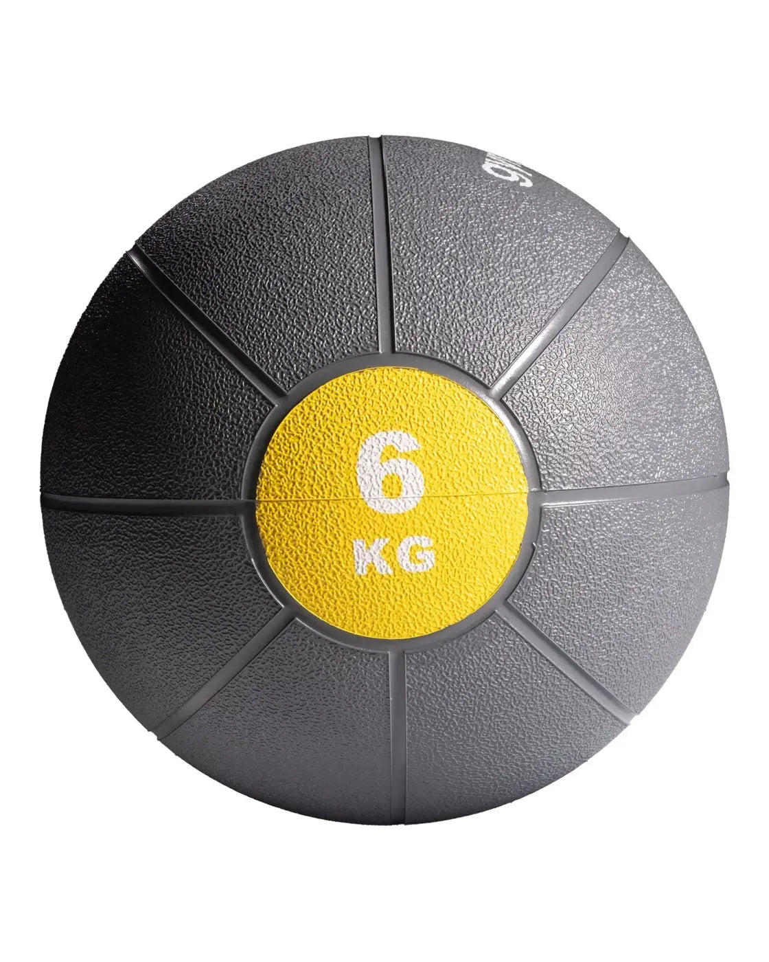 Gym gear medicine ball 6 kg gray and black textured with bright yellow label for home workout fitness