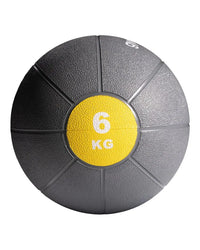 Gym gear medicine ball 6 kg gray and black textured with bright yellow label for home workout fitness