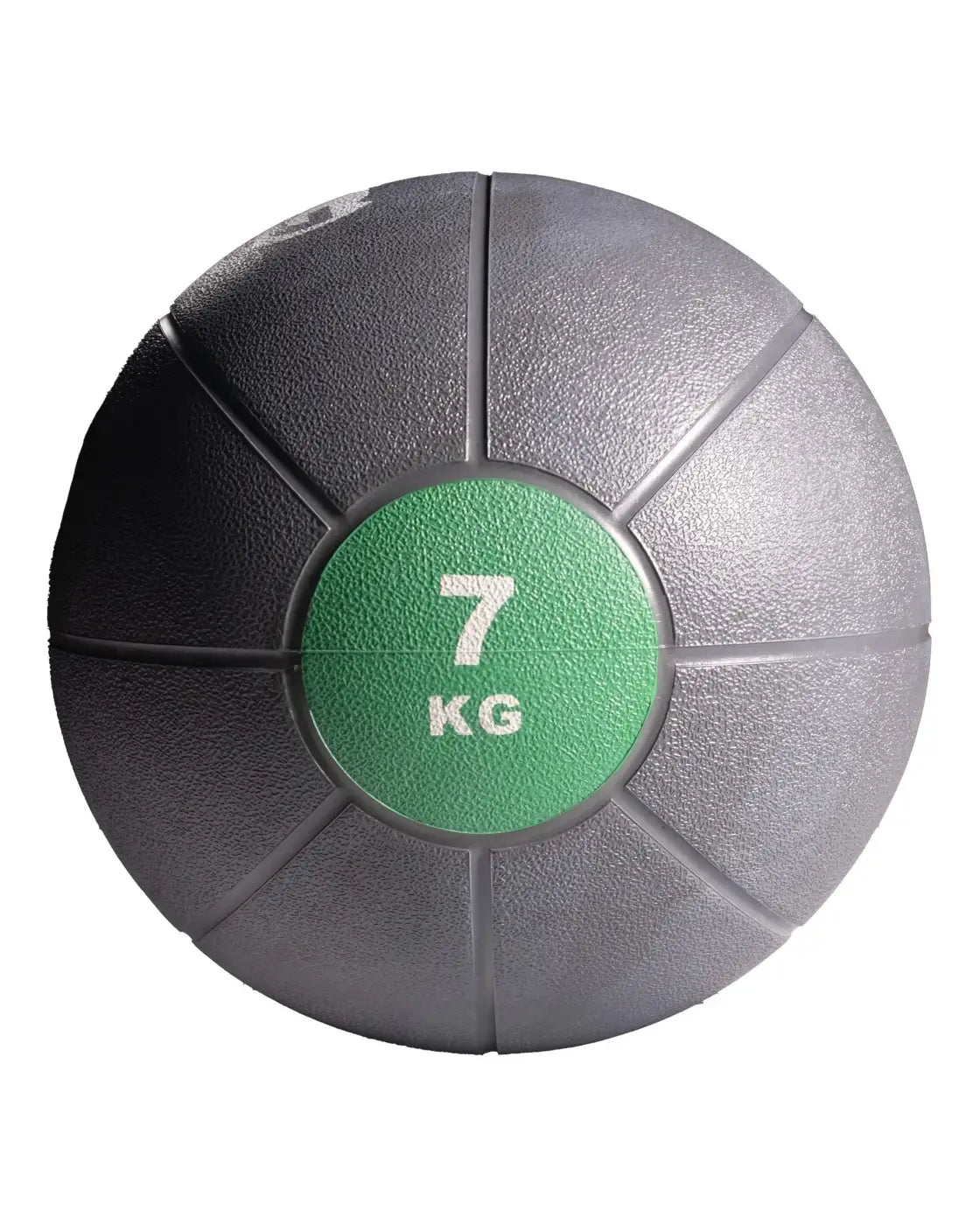 Gym gear medicine ball 7 kg gray textured surface with green label for effective home workout training