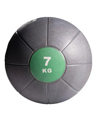 Gym gear medicine ball 7 kg gray textured surface with green label for effective home workout training