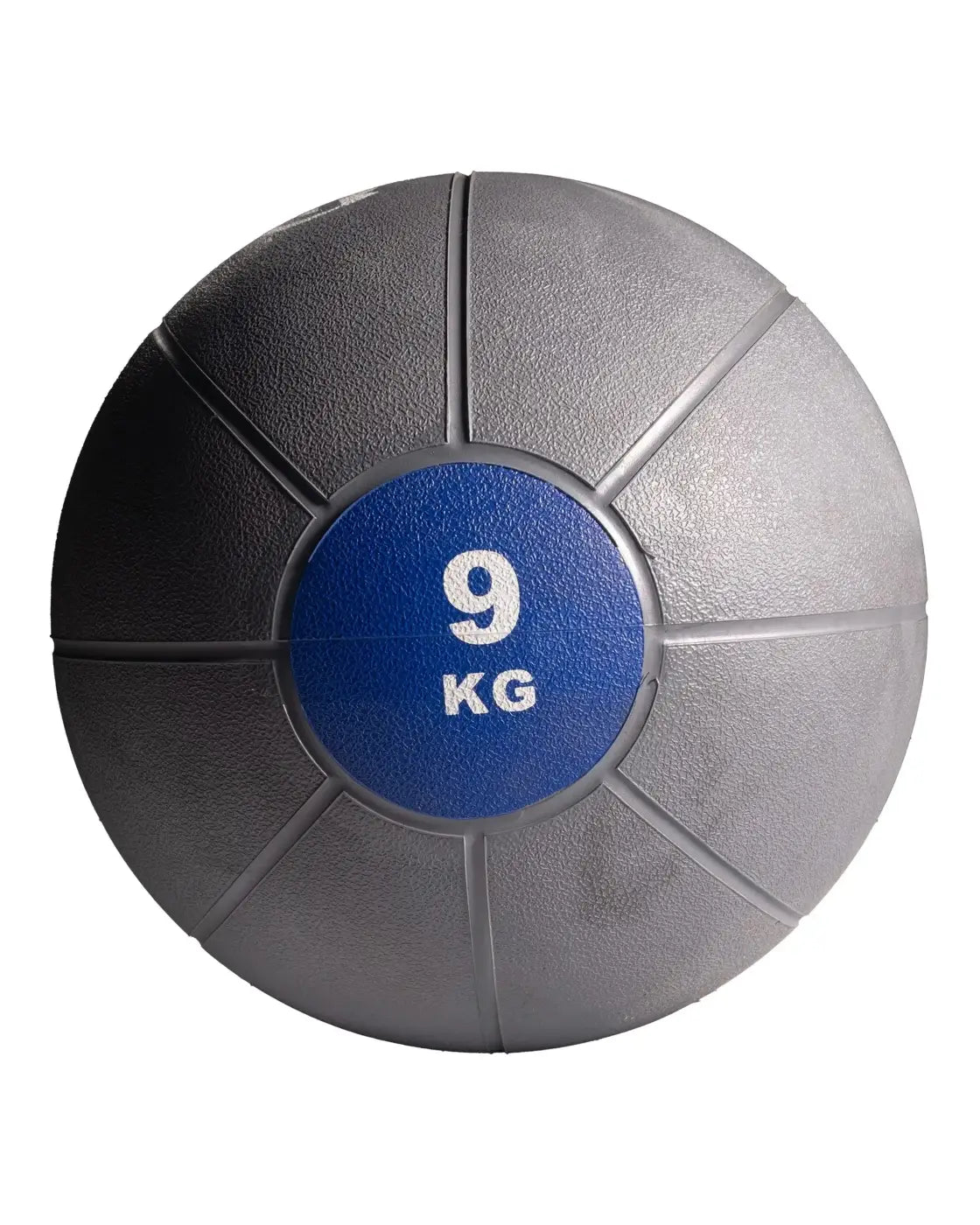 A 9 kg gray textured gym gear medicine ball with a blue label for home workout use