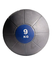 A 9 kg gray textured gym gear medicine ball with a blue label for home workout use