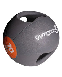 Gym gear medicine ball with handles gray color and orange patch marked 10 for home gym workouts