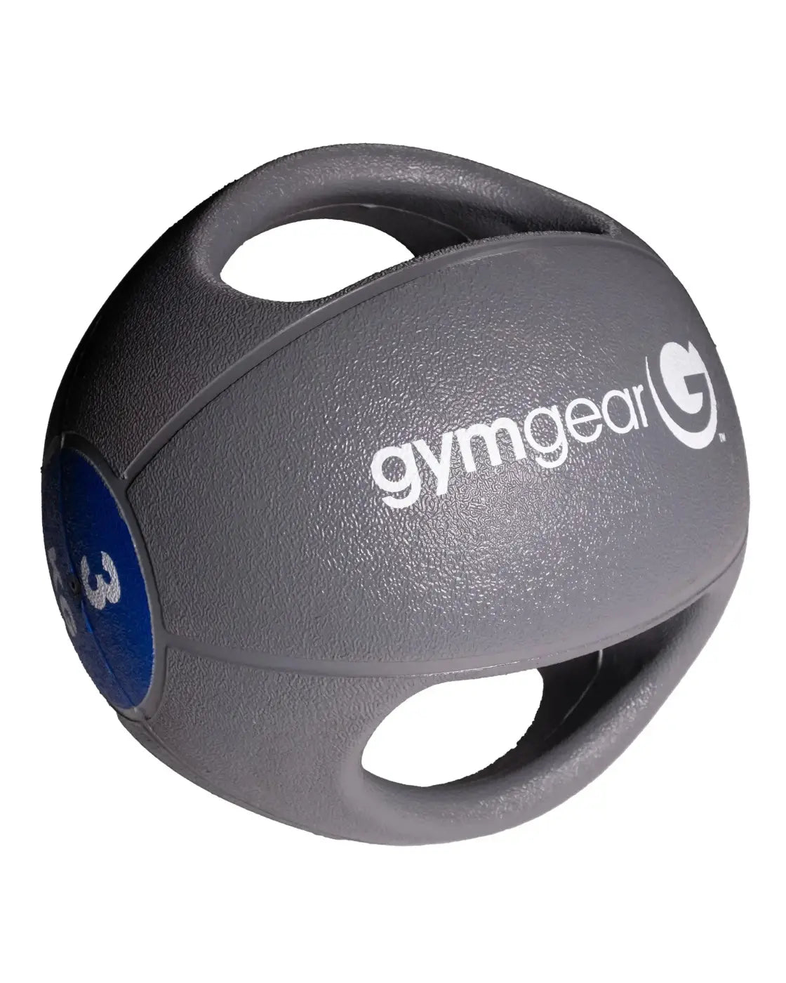 Gray gym gear medicine ball with two handles and blue weight label designed for versatile home gym workouts