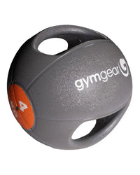 Gray gymgear medicine ball with handles and orange 4-pound weight label designed for home gym use