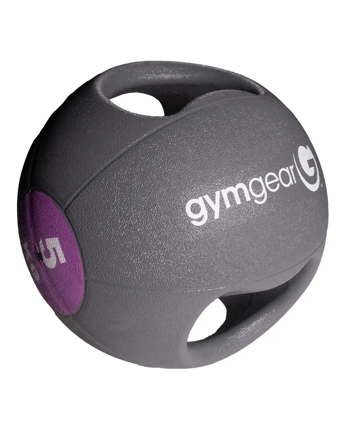 Gray gym gear medicine ball with handles featuring a purple weight label and white branding for home gym use