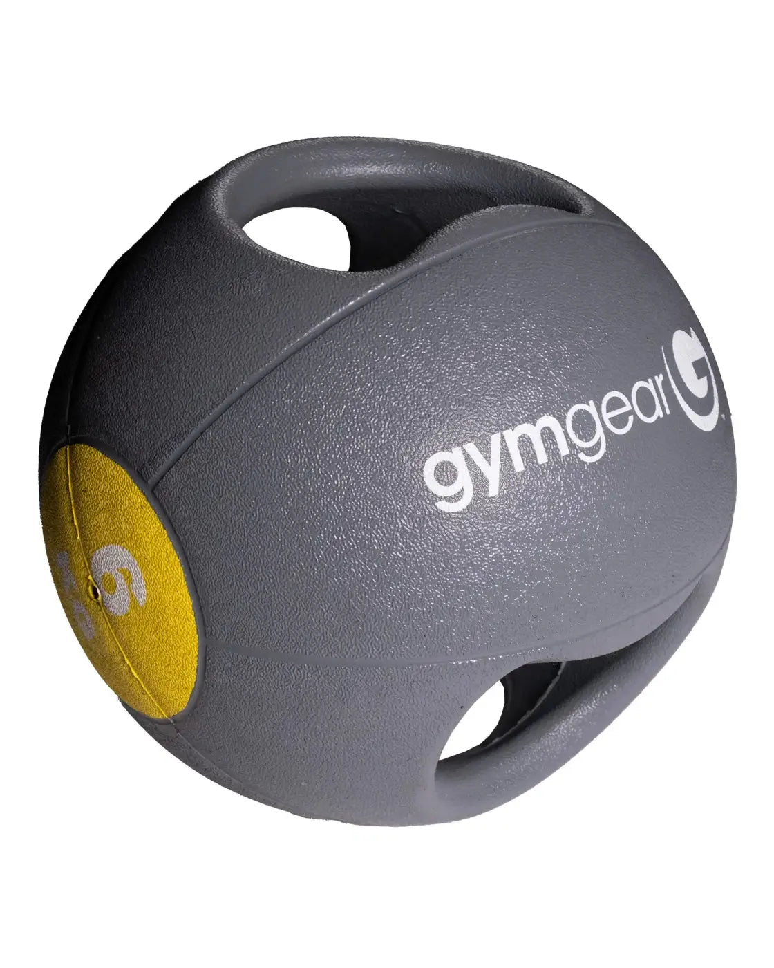 Gray gym gear medicine ball with handles featuring a yellow patch and white branding for home gym workouts
