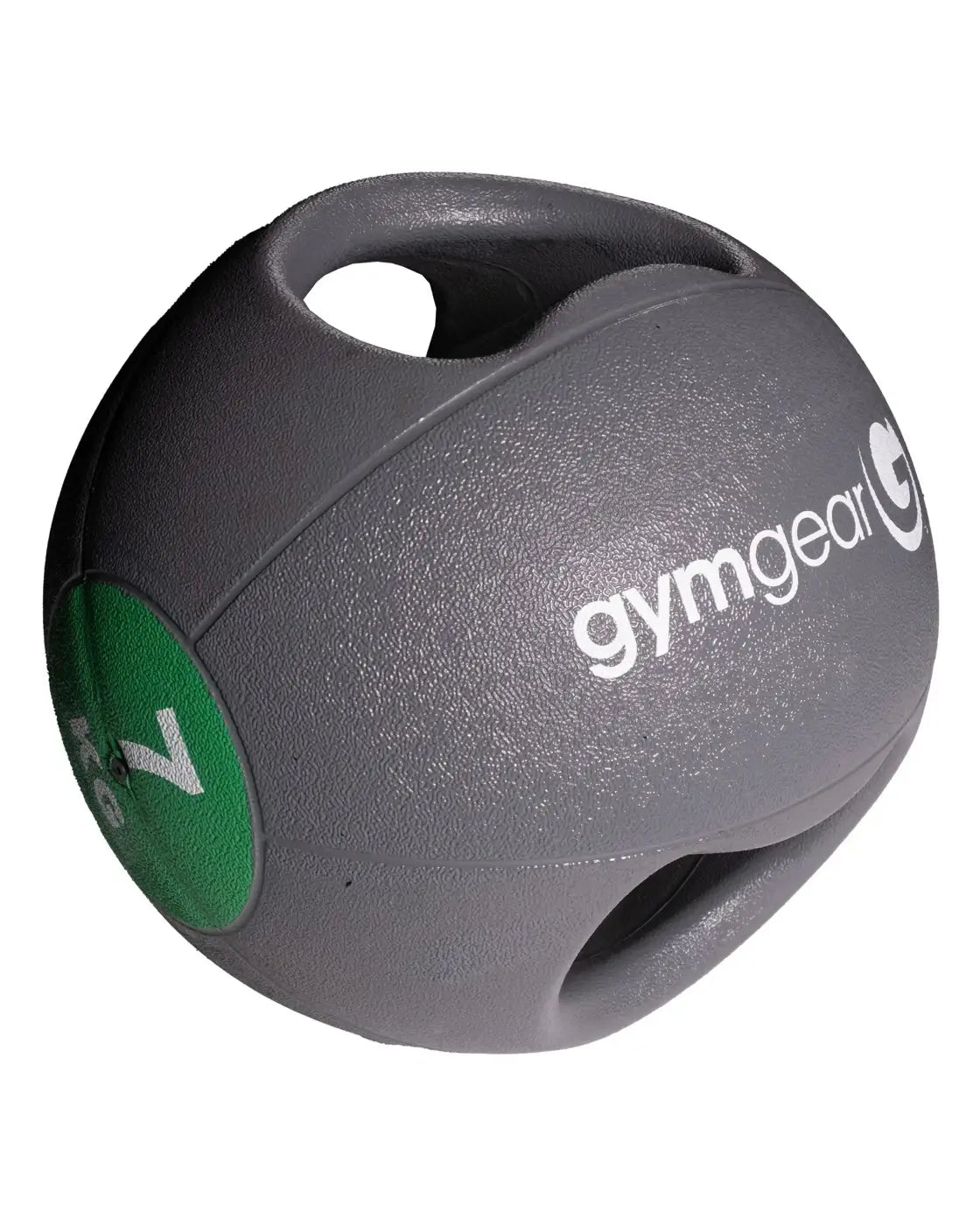 Gray gym gear medicine ball with textured surface and two handles with a green 5kg label for home gym use