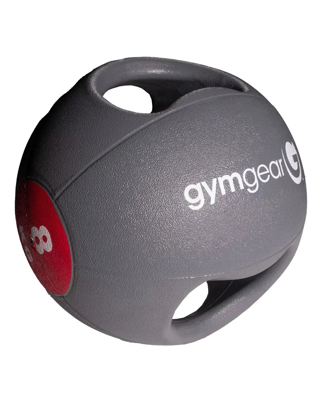 Gray gymgear medicine ball with handles featuring a red patch and white branding for home gym use