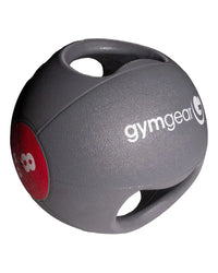 Gray gymgear medicine ball with handles featuring a red patch and white branding for home gym use