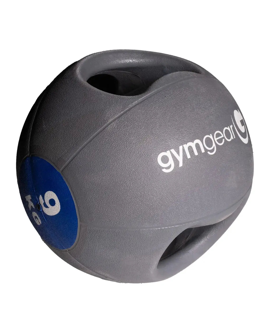 Gray gymgear medicine ball with blue circular patch and two handholds designed for home gym workouts weighing 6 kg