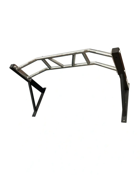 Silver and black metal gym gear multi grip chin up bar with sturdy arched design for home fitness use