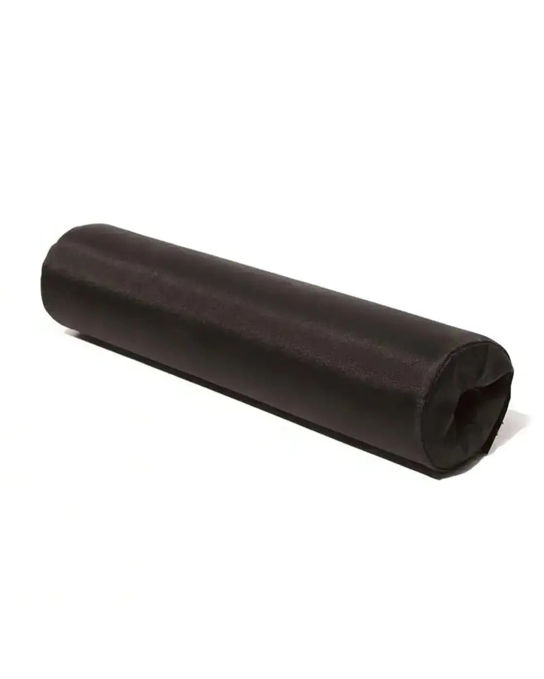 Black cylindrical foam roller with smooth textured surface for neck support in gym gear olympic bar lifting use