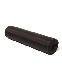 Black cylindrical foam roller with smooth textured surface for neck support in gym gear olympic bar lifting use