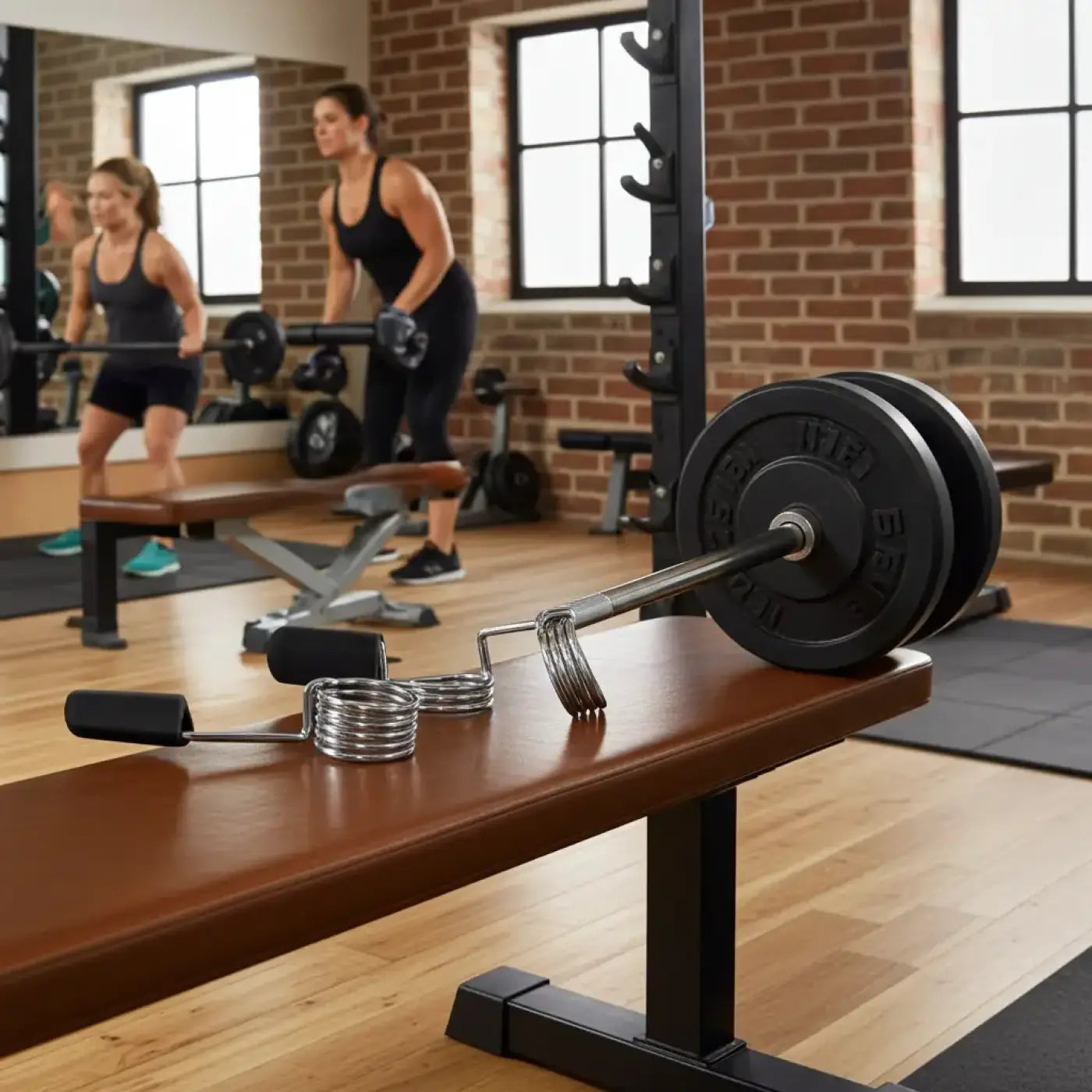 Black weight plate with silver metal barbell and spring-loaded gym gear olympic bar spring collars on wooden bench