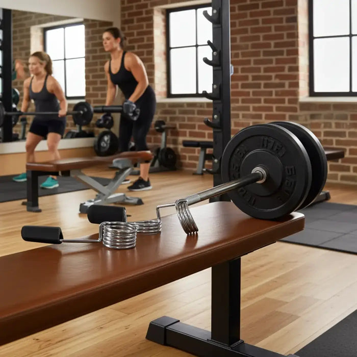 Black weight plate with silver metal barbell and attached spring collars on wooden bench for gym gear uk delivery
