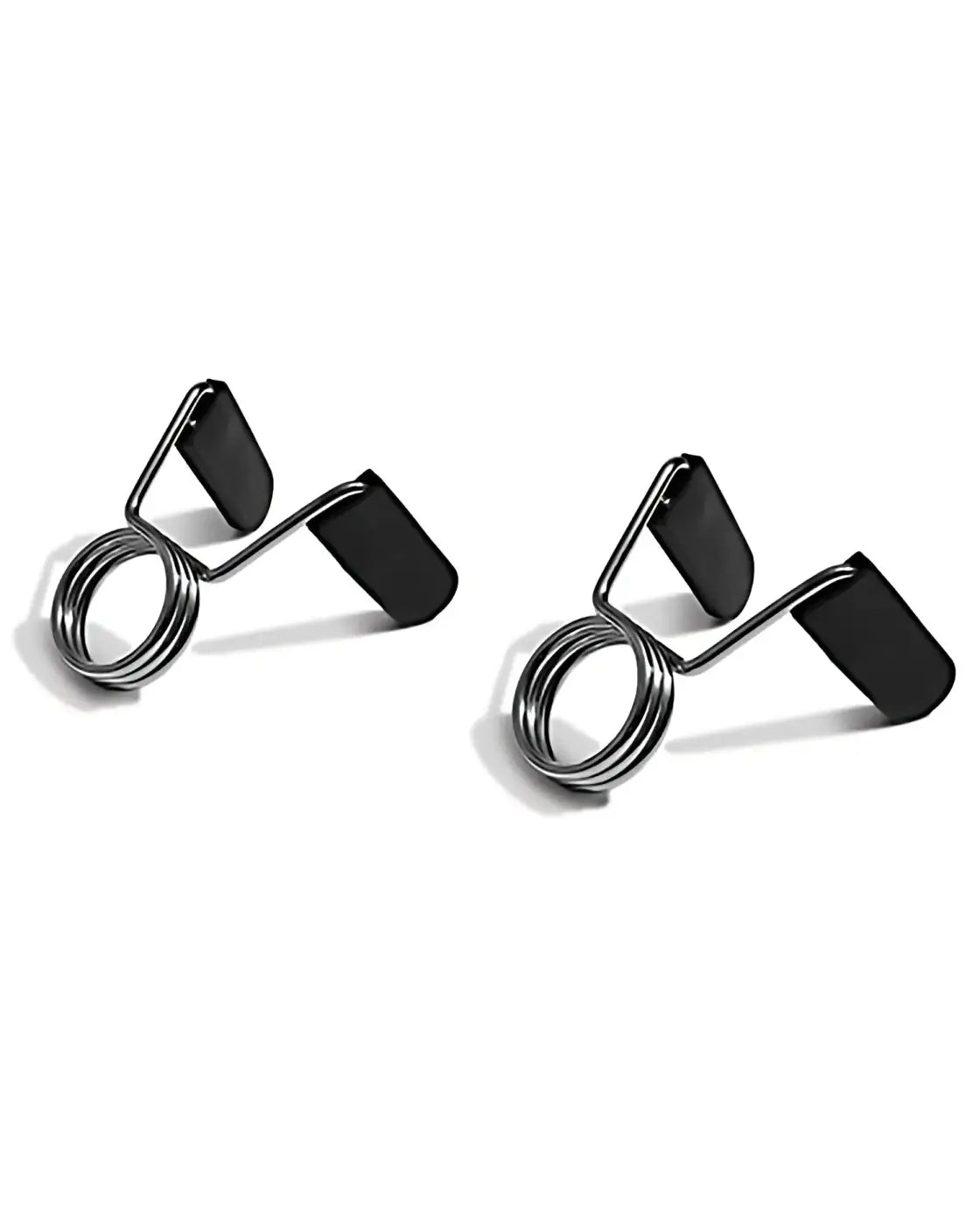 Black rubber-coated metal spring clips with triangular design and looped ends for gym gear olympic bar collars pair uk delivery