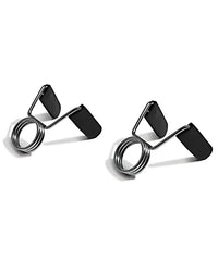 Black rubber-coated metal spring clips with triangular design and looped ends for gym gear olympic bar collars pair uk delivery