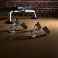 Silver-coated metal Gym Gear Olympic bar spring collars with black rubberized handles designed for secure grip assistors