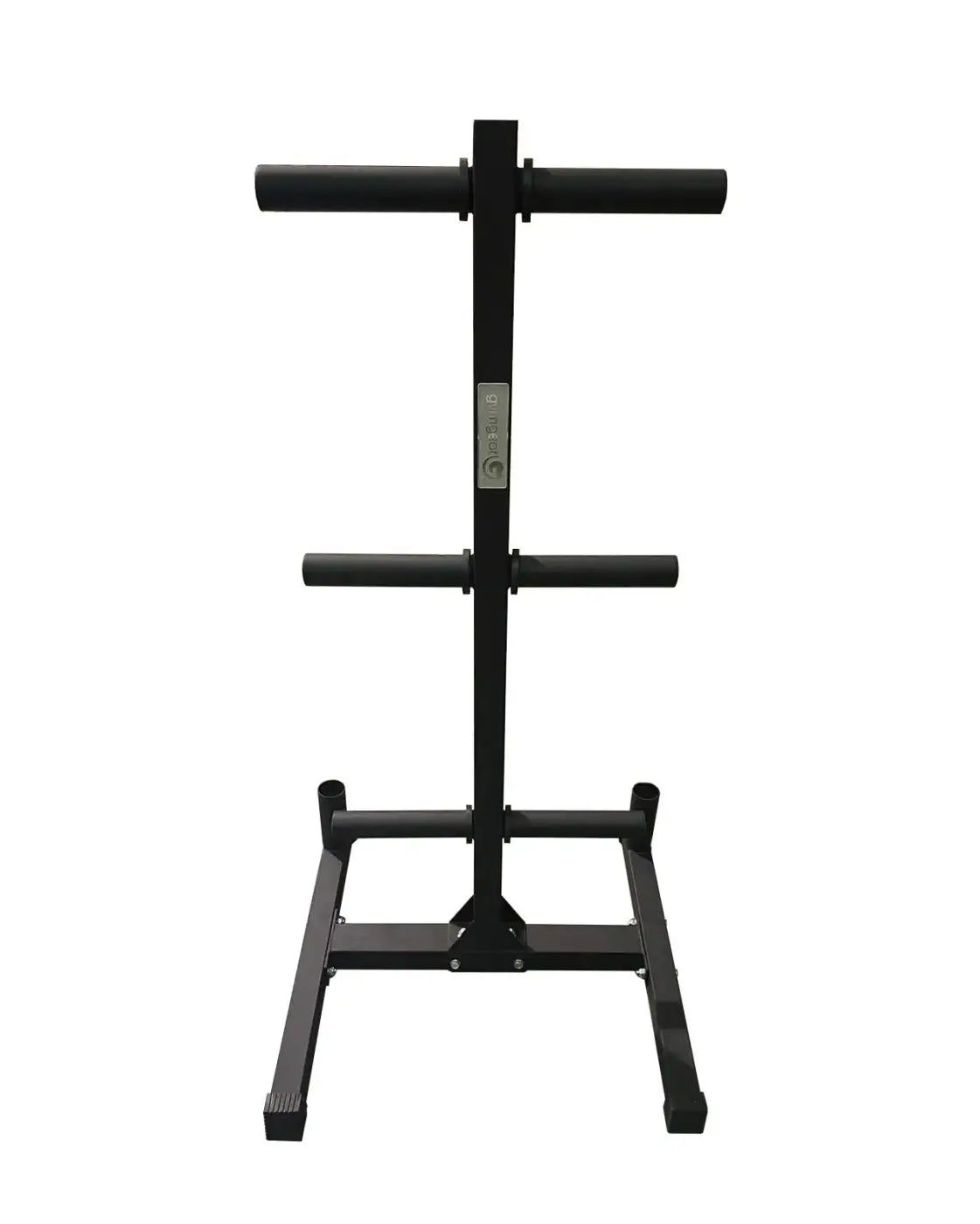 Black metal gym gear Olympic plate and bar holder with three horizontal bars and sturdy base for UK delivery