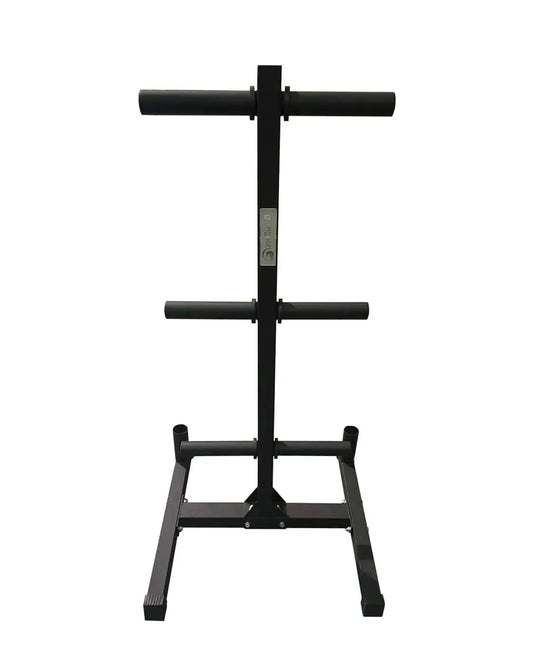 Black metal gym gear Olympic plate and bar holder with three horizontal bars and sturdy base for UK delivery